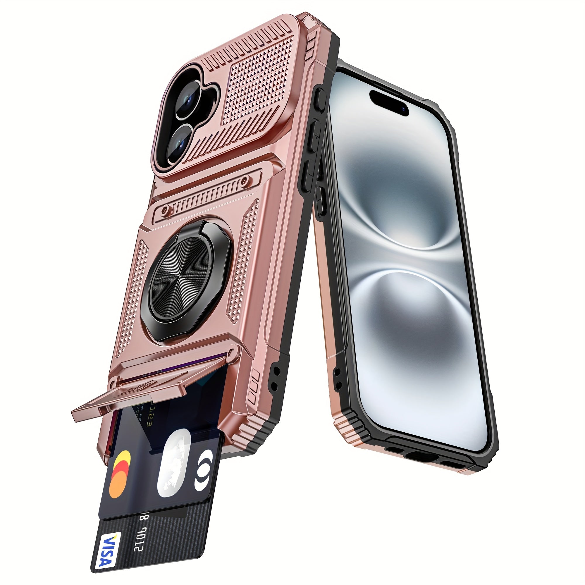Phone Case: for iPhone 16 15 14 13 11 Pro Max 14 15 16Plus 7 8Plus Series Heavy Duty Shockproof 360° Rotating Metal Stand Mobile Phone Hard Shell with Dual Card Slot Design