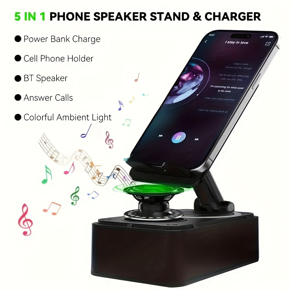 5 in 1 Mobile Device Holder with Wireless Speaker | 360° Adjustable Mount for Tablets And Smartphones, Portable Phone Stand with Base HD Surround Sound, Rechargeable for Emergencies - Tech Gadgets, Innovative Electronics