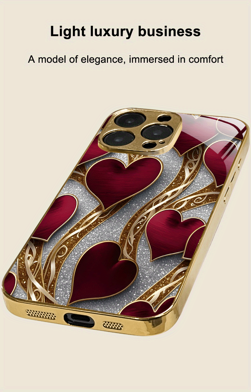 Phone Case - Mobile Cover: Luxurious Red And Golden Heart Design, Stylish And Innovative Look, Chic Instagram Aesthetic, Lightweight, Cutting-Edge, Compatible with for Iphone 16, 15 Pro, 15 Pro Max, 14 Plus, 13, 12