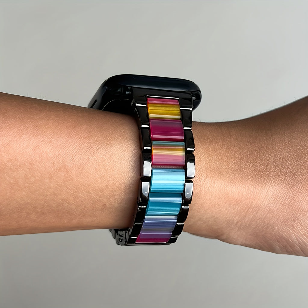 Compatible with for Apple Watch Band 42/44/45/46/49Mm Fashion Women'S Wristband, Stainless Steel Resin Metal Replacement Strap for Iwatch Series 11 10 9 8 7 6 5 4 3 Se/Ultra 3 2 1-Starlight Rainbow Suitable for Work Office Fitness Party