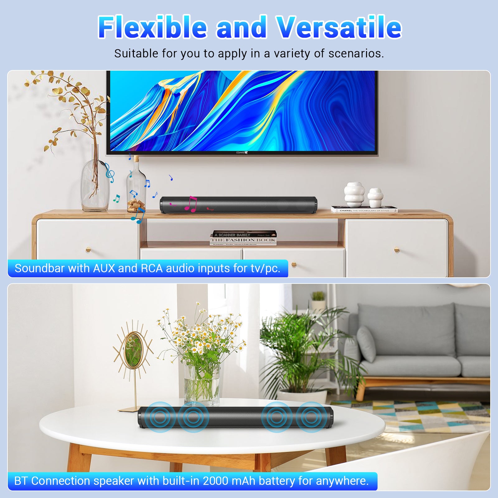 Separable All-in-One Home Theater Sound Bar, Surround Sound System TV Soundbar with 4pcs 5W Magnetic Speakers and 1pc Echo Tube, Supports Wireless, AUX Connection for PC/Gaming/Projectors, TWS, Black