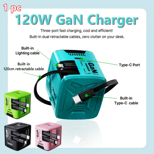 Black X 1pc/ Green X 1pc/ Blue X 1pc/ Pink X 1pc W&O 120W Gan Fast Charger, Dual 120Cm/47Inch Lightning And Type C Retractable Cable, Type C Output Ports, Foldable Plug - Adapter for Iphone 17/16/15/Pro Max, for S25/24 And Android Phones