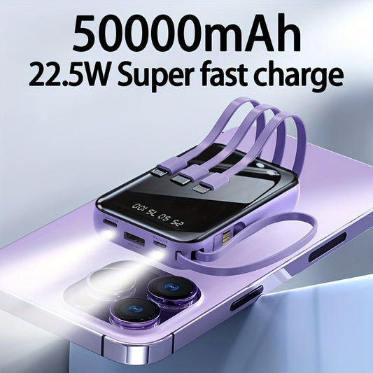50000Mah Portable Large-Capacity Mobile Power Bank, Outdoor Portable Emergency Power Supply Device, Comes with Apple/Type-C/Usb Data Cable Charging, Smart Digital Display And Flashlight, Safe And Stable Lithium Battery Pack, A Great Gift for Friends