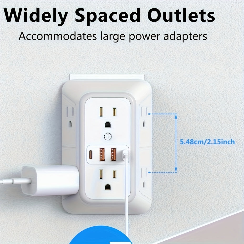 10-in-1 USB Wall Charger, Multi-Plug Wall Outlet Surge Protector, 6-Outlet AC Extender with 4 USB Charging Ports, 3-Sided 1050J Power Strip Multi-Plug Adapter for Home, Travel, Office (2A/2C), Total USB Output: 5V/3.1A, Multi-Plug Outlet for College