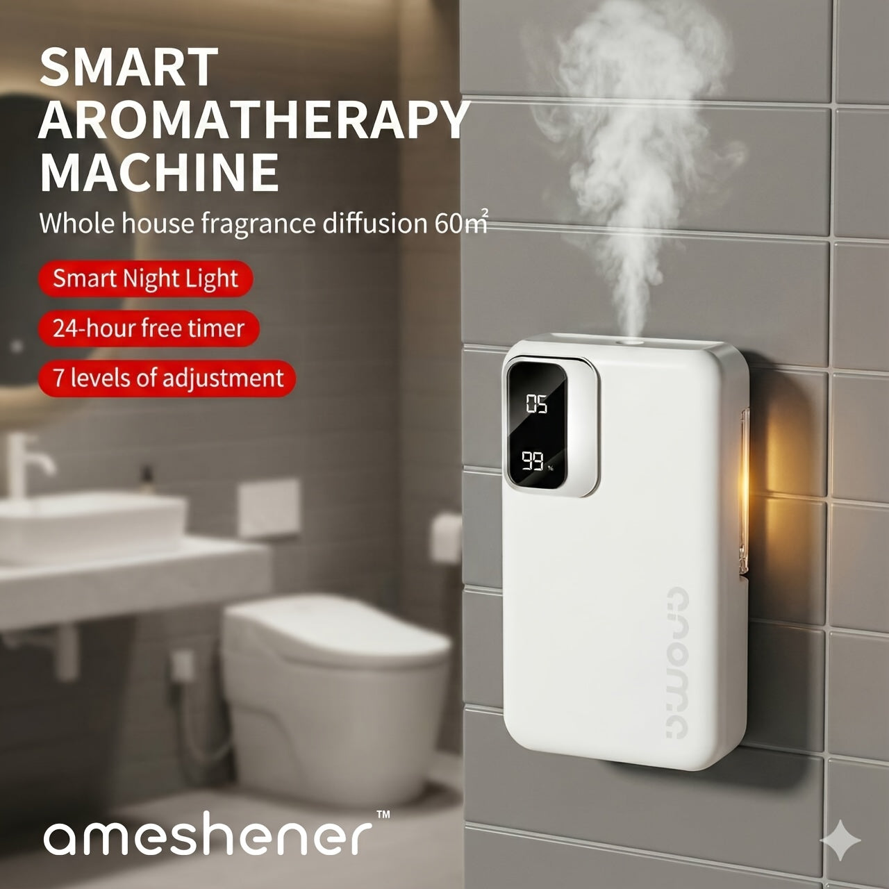 Essential Oil Refill Pack Sold Separately. 1800mAh Ultrasonic Aroma Diffuser With 7-level Control. Fine Mist Diffusion To Quickly Eliminate Hotness In The Bedroom, Bathroom, Toilet Odors And Study Room Odors. Digital USB Charging. Ideal Choice For N