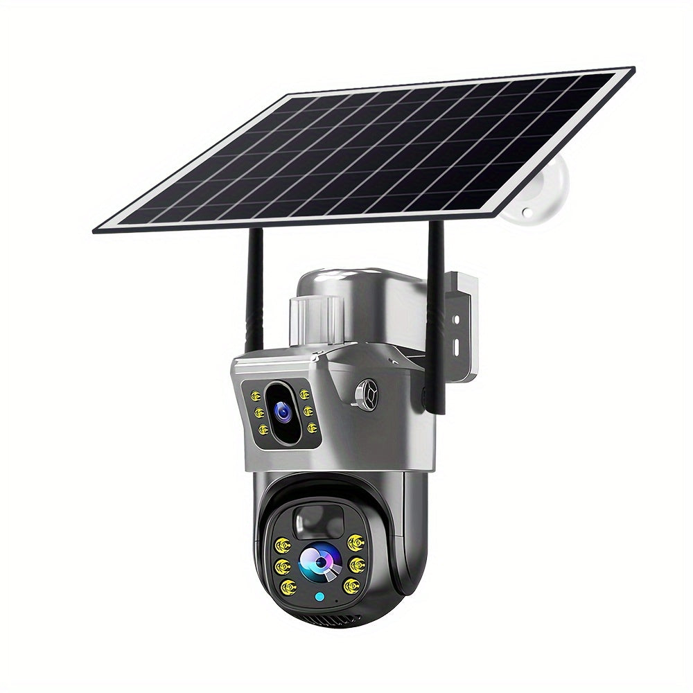 Solar Camera Wireless WiFi Surveillance Camera Security Camera V380 Outdoor 4G Surveillance Dual Lens Dual Picture HD Full Color 360 Degrees No Dead Angle Outdoor Camera Mobile Phone Remote Traffic Free Solar Panel Cloud Storage +TF Card, Property