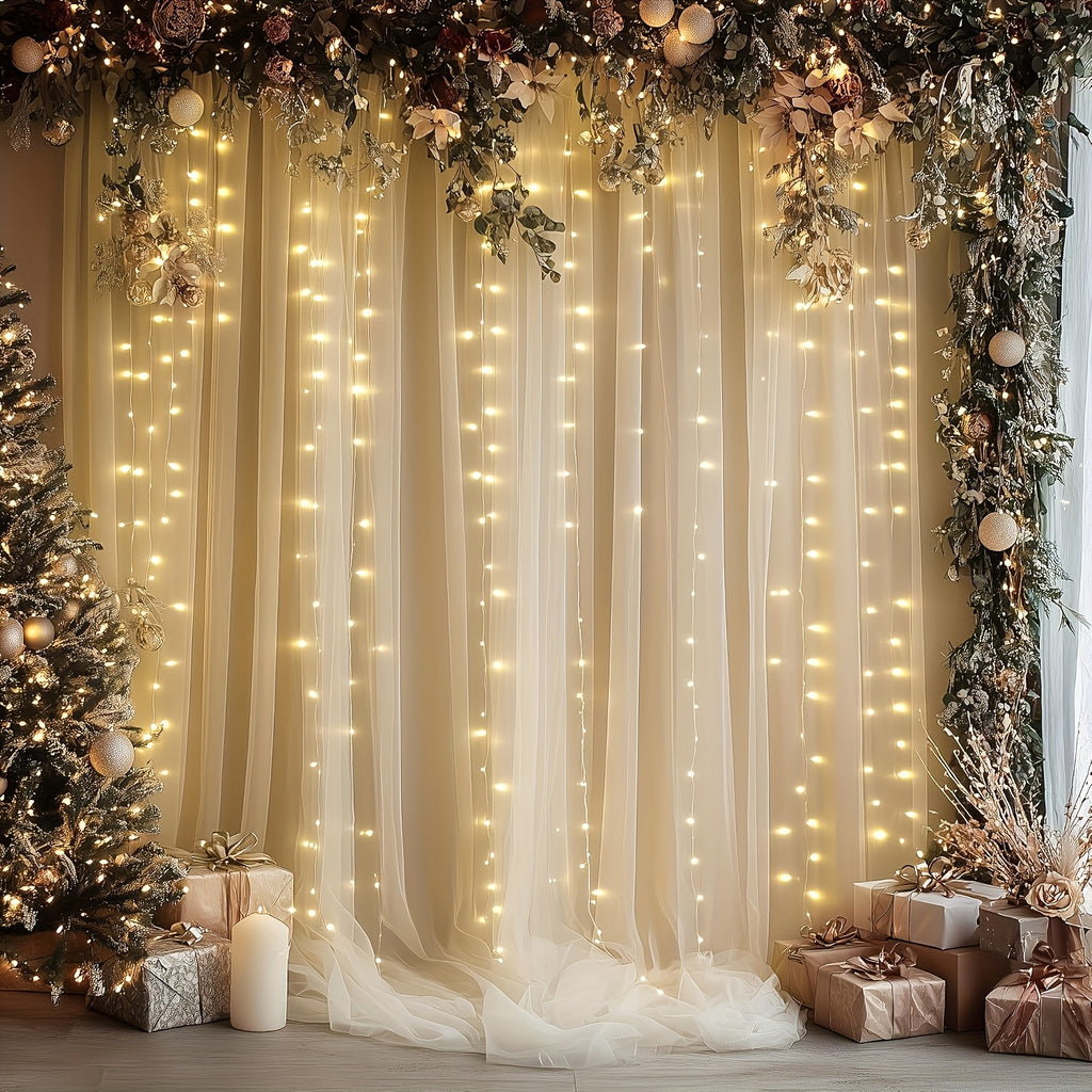 2pcs Photo Booth Props 5.2X10Ft Champagne Tulle Backdrop Non-Porous Tulle with String Lights for Party, Sheer Curtain Backdrop Wedding for Party Home Decoration