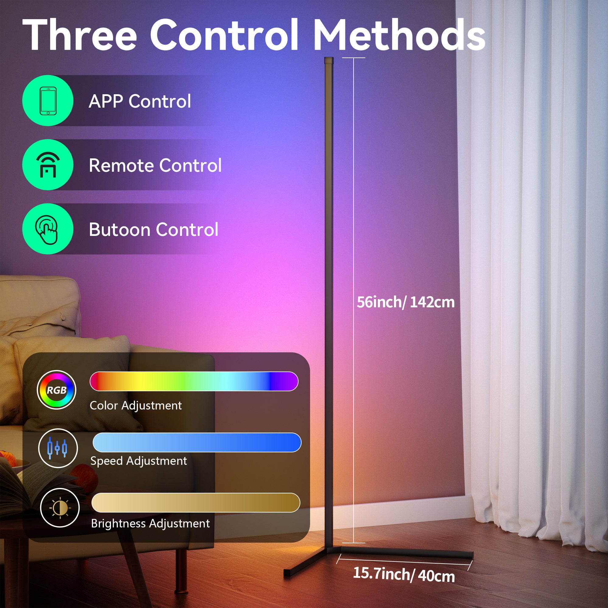 [RGB Smart Light] LED Corner Floor Lamp - 16 Million DIY Color Changing, RGB Smart Modern Light Adjustable 56 Inches (Approx. 142cm) with Remote and APP Remote Control, USB Powered, Four Modes Sync with Music, for Game Room, Bedroom, and Holiday Decoratio