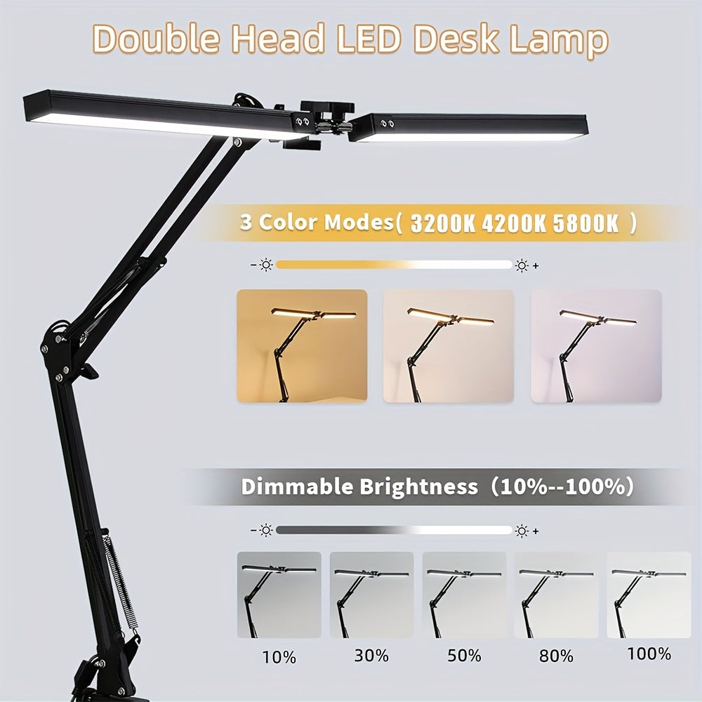 Dual Head LED USBLamp with Clamp, 2X Brighter Swing Arm Light - 3 Colors 10 Brightness, USB Powered, for Dual Monitors, Drafting, Workbench & Home Office(Black)