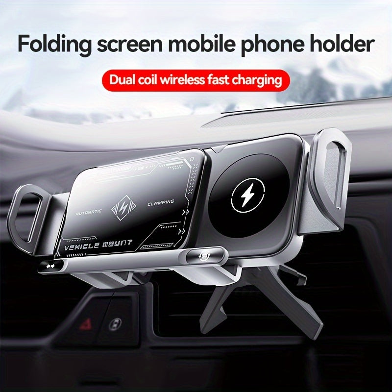 2025 New Car Holder Folding Screen Mobile Phone/tablet Holder 15W Wireless Fast Charging Two-in-one Automatic Rotating Magnetic Mobile Phone Holder Car Air Outlet Holder Suitable for Folding Screen Hands Samsung Galaxy ZFold6/5/4/3 Galaxy ZFold/notes