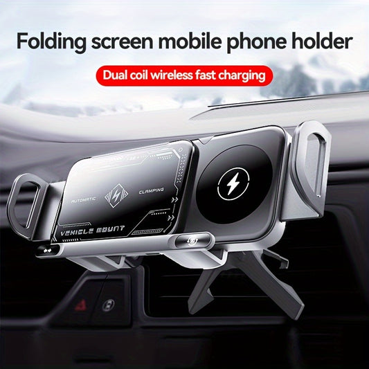 2025 New Car Holder Folding Screen Mobile Phone/tablet Holder 15W Wireless Fast Charging Two-in-one Automatic Rotating Magnetic Mobile Phone Holder Car Air Outlet Holder Suitable for Folding Screen Hands Samsung Galaxy ZFold6/5/4/3 Galaxy ZFold/notes