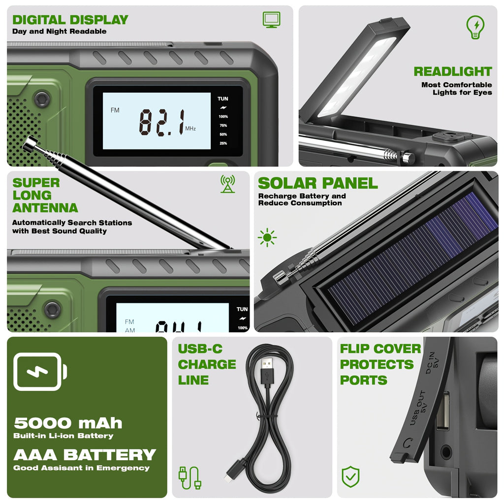 5000mAh Emergency Radio Hand Crank Weather Radio, Solar Powered Hand Crank Portable NOAA AM FM Battery Powered Radio with Flashlight Weather Alert, SOS Alert And Reading Light, Family Gift Survival Geara