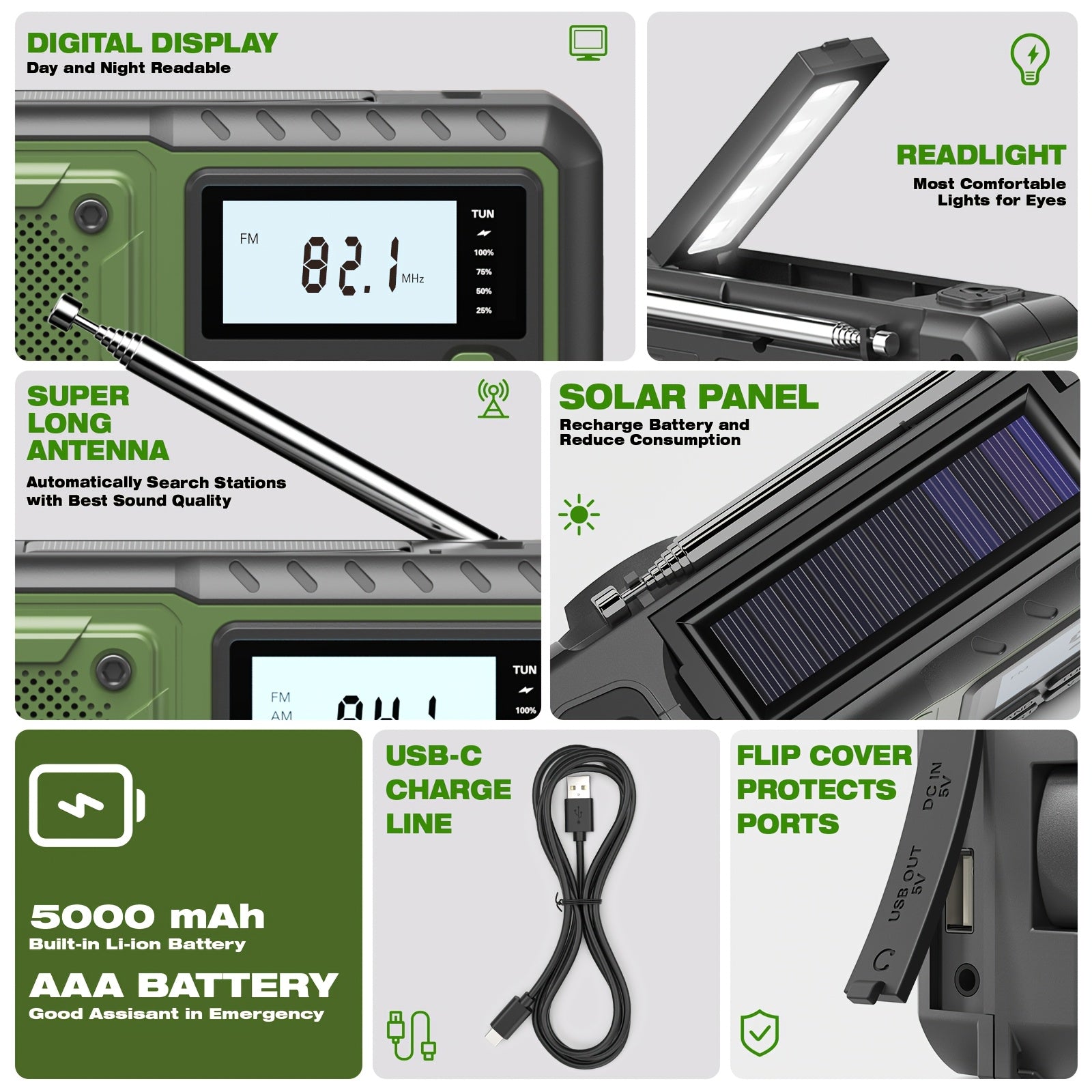 5000mAh Emergency Radio Hand Crank Weather Radio, Solar Powered Hand Crank Portable NOAA AM FM Battery Powered Radio with Flashlight Weather Alert, SOS Alert And Reading Light, Family Gift Survival Geara