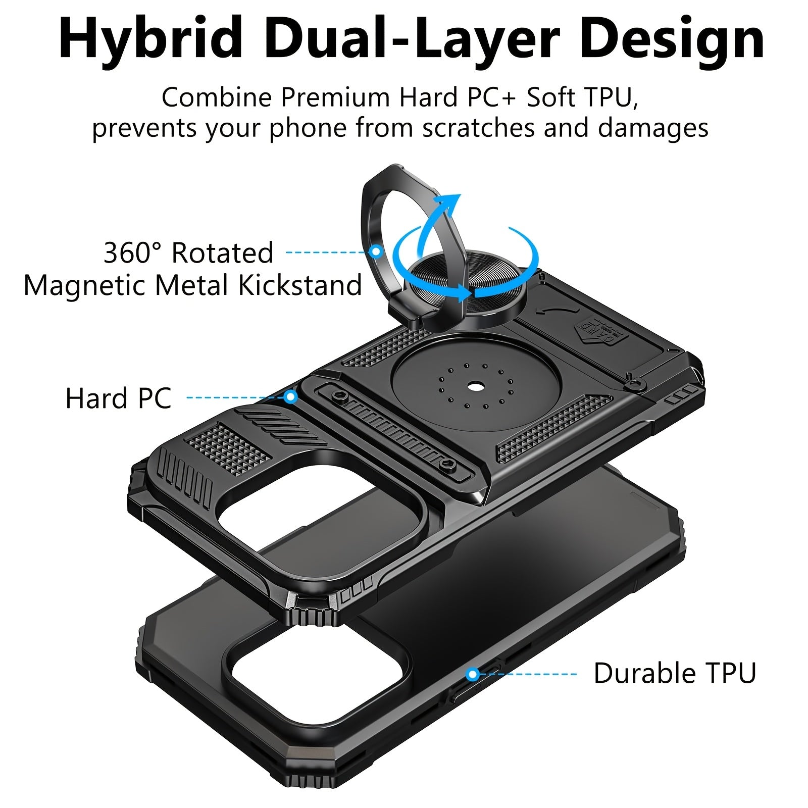 Phone Case: for iPhone 16 15 14 13 11 Pro Max 14 15 16Plus 7 8Plus Series Heavy Duty Shockproof 360° Rotating Metal Stand Mobile Phone Hard Shell with Dual Card Slot Design