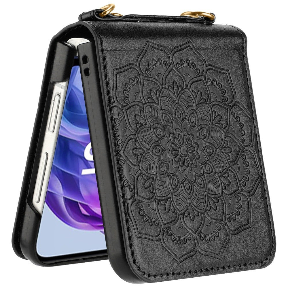 For Motorola Razr 2024 / Motorola Razr+ Plus 2024 Phone Case, Flower Embossed Floral Henna Mandala Design PU Leather Strap Lanyard Hybrid Protective Cover