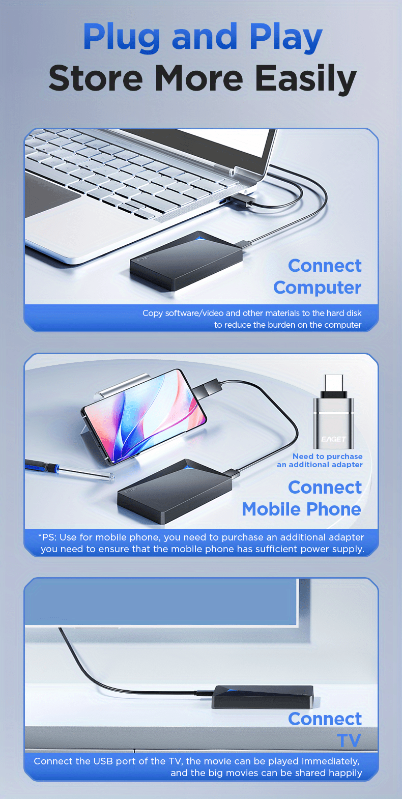 G20pro EAGET 1TB USB3.0 Portable Hard Drive, Dual-Disk Design, 5GB/s Transfer Speed, 2.5inh External Mechanical Hard Drive, Plug & Play, Wide Compatibility for PC, Laptop, Mac, Business & Home Use, Data Backup, Sleek Design, Reliable Storage