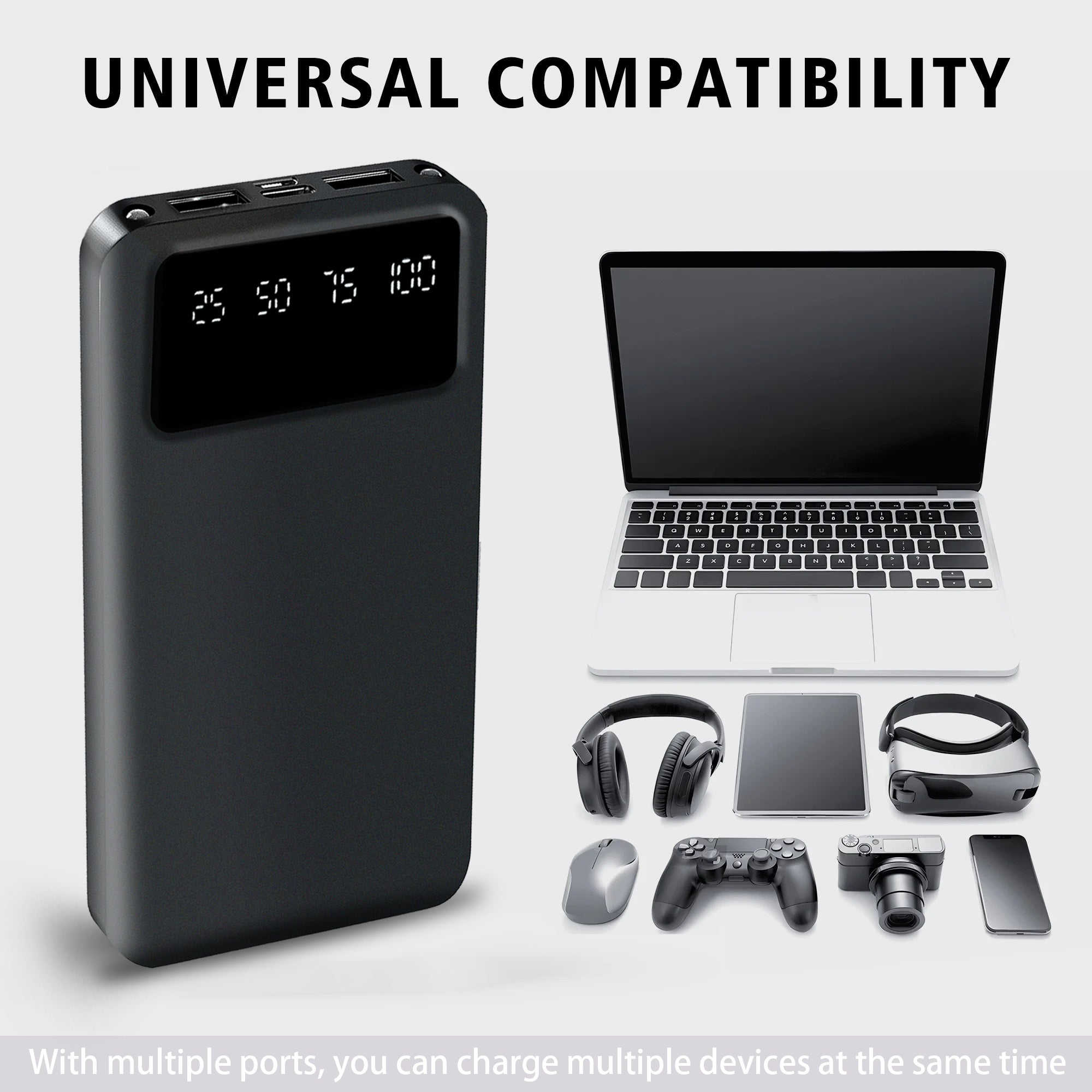 Large Capacity Mobile Power Supply 20000Mah, 5V2.1A Portable USB Charger, LED And Digital Display, for Ios/ Android Devices, 2Xusb Output, Type-C/ Micro Input, Safe And Stable Polymer Lithium Battery