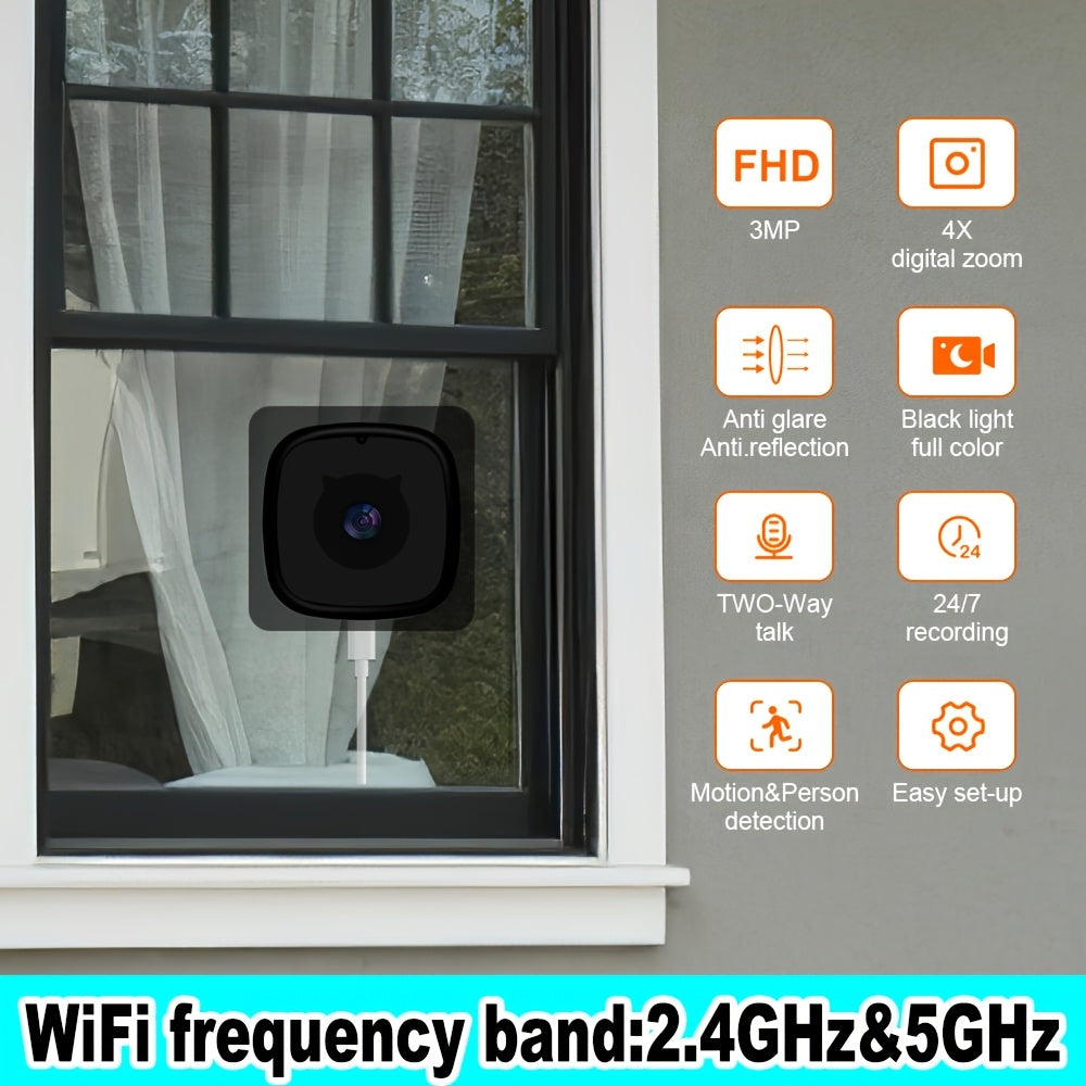 1pc/2pcs/4pcs Window Camera With 2.4G/5GHZ AI Motion Detection & Full-Color Night Vision - 3MP FHD Video, Wide Angle, Wi-Fi Monitored Camera Suitable For/Office Surveillance, App-Controlled