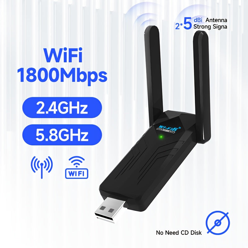 Wireless USB WiFi Adapter for PC - 1800Mbps Dual 5Dbi Antennas 5G/2.4G WiFi Adapter for Desktop PC Laptop Windows11/10/8/7, Wireless Adapter for Desktop Computer Network Adapters