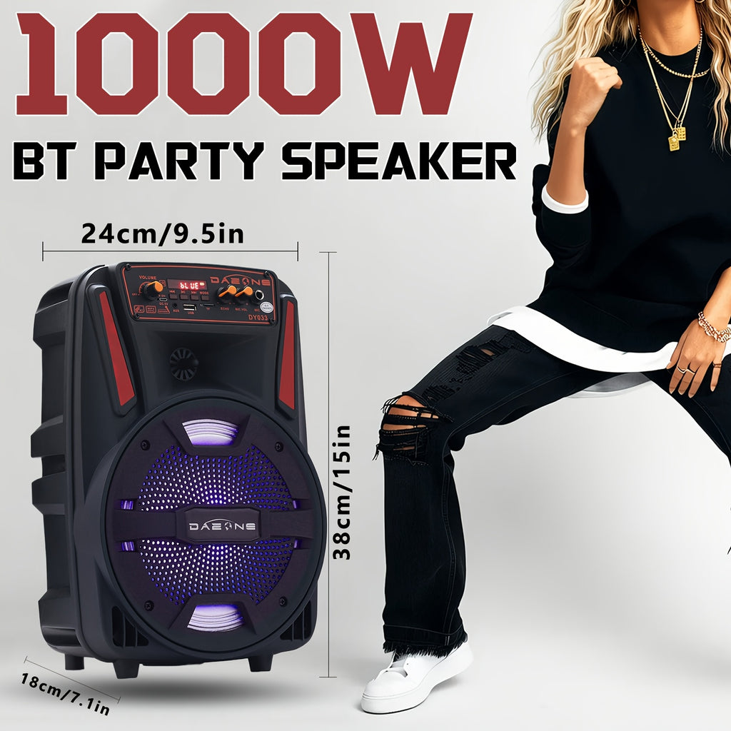 A 1000W Robust Portable Wireless Party Speaker Featuring an 8-Inch Woofer, Equipped with a Wired Microphone, Delivering Deep Bass, And Supporting USB, SD, FM, And AUX Inputs, with an 8-Hour Playtime Suitable for Djing, Karaoke, And Home Gatherings
