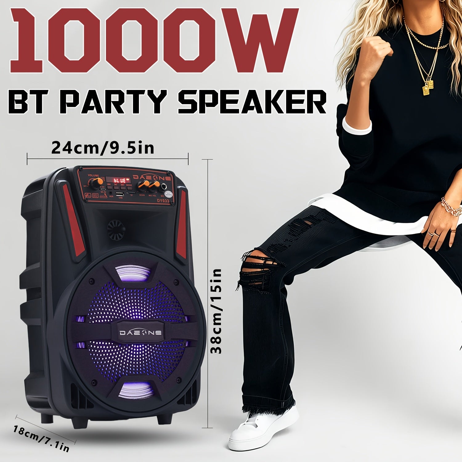 [Portable BT Speaker] 8" Portable BT Wireless Speaker With LED Party Lights | TWS Stereo, FM Radio, USB/TF Playback, AUX, Wired Microphone
