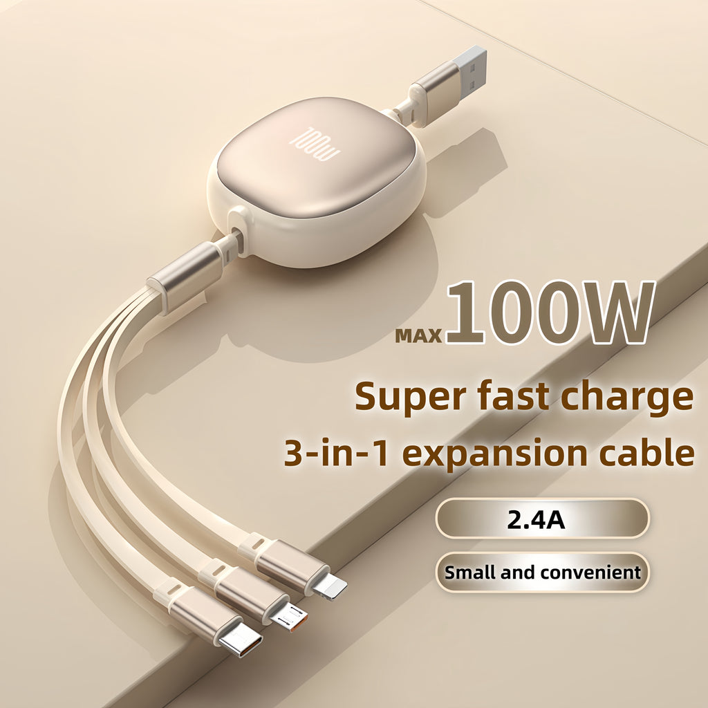 3-in-1 Retractable USB Charging Cable 100W Fast Charging, Compatible with USB to C/Micro USB for iPhone 13/14/12/11/X Huawei Data Sync At 480Mbps USB Power Supply Up to