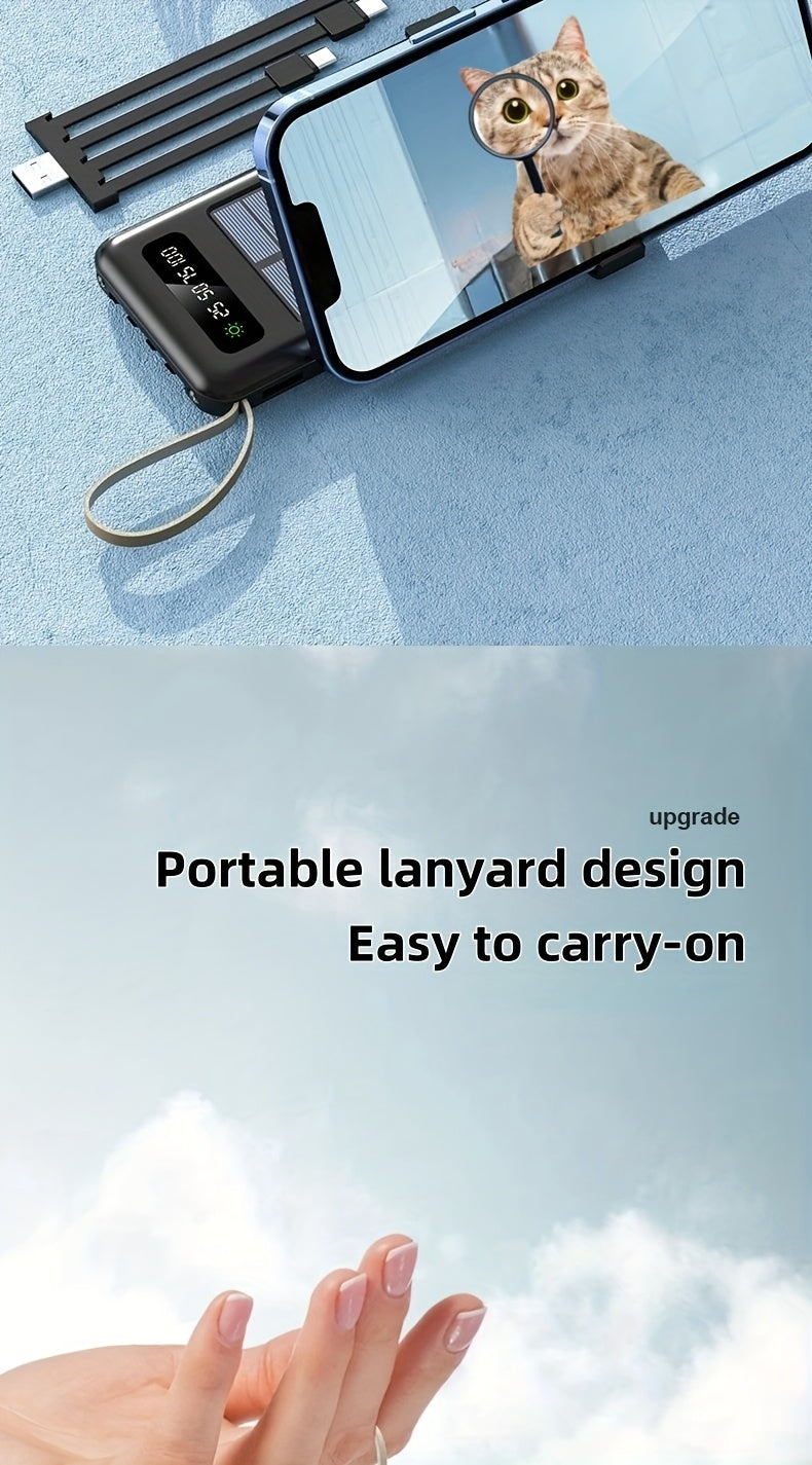 10000/20000/30000mAh 5W Slow Charging/15W Fast Charging Multifunctional Solar Power Bank With Ultra-bright LED Light, Large Capacity Rechargeable Portable Mobile Phone Charger Built-in 4 Cables Digital Display Dual Usb Port USB-C Input