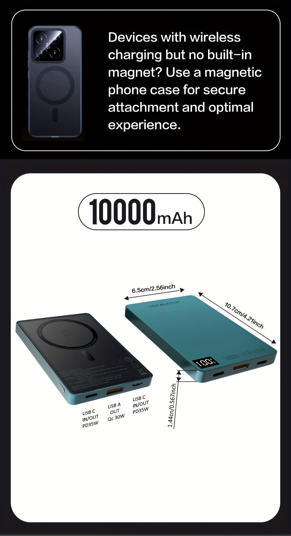 Compact 10000Mah Magnetic Wireless Fast Charging Power Bank, Featuring USB Type C 35W PD, USB 30W Qc 3.0 Fast Charging, Compatible with PPS, Designed for Magsafe Battery Pack