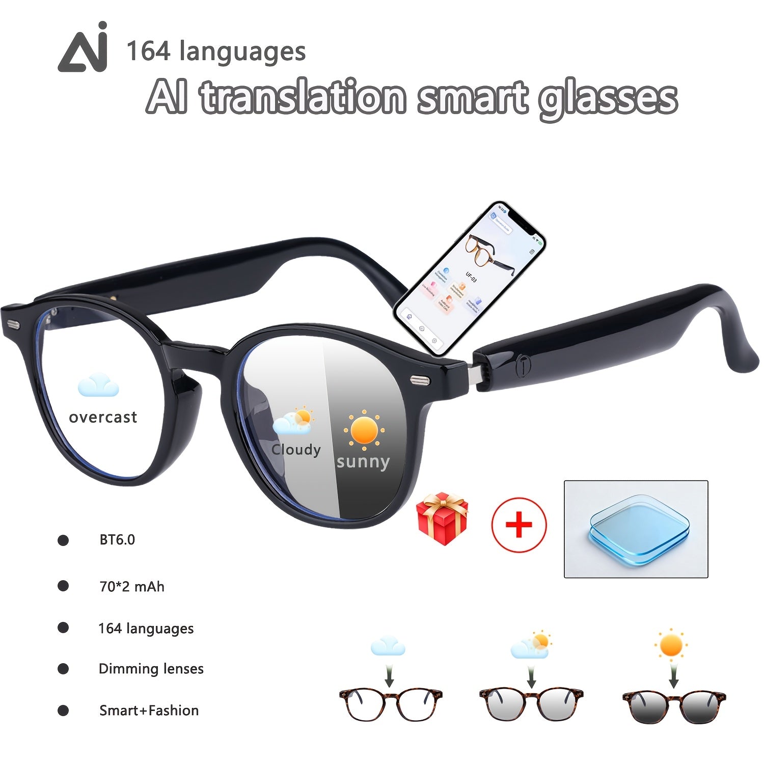 AI Smart Glasses, Smart Glasses With 160 Languages Real Time Translation Support, Chat GPT System, Hvesbsfsy New Multi-functional Audio Glasses For Men And Women, Built-in Microphone And Speaker, HD Voice Calls And HIFI Music Quality