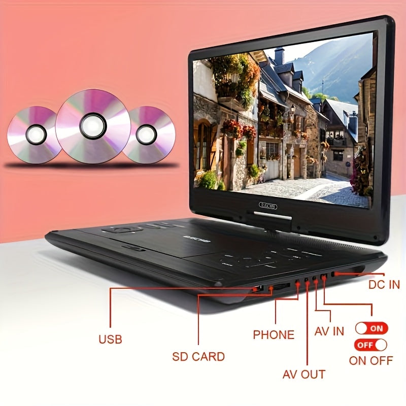17" Portable DVD Player with 14.1" Large HD Screen, 6 Hours Rechargeable Battery, Support USB/SD Card/Sync TV And Multiple Disc Formats, High Volume Speaker, Black