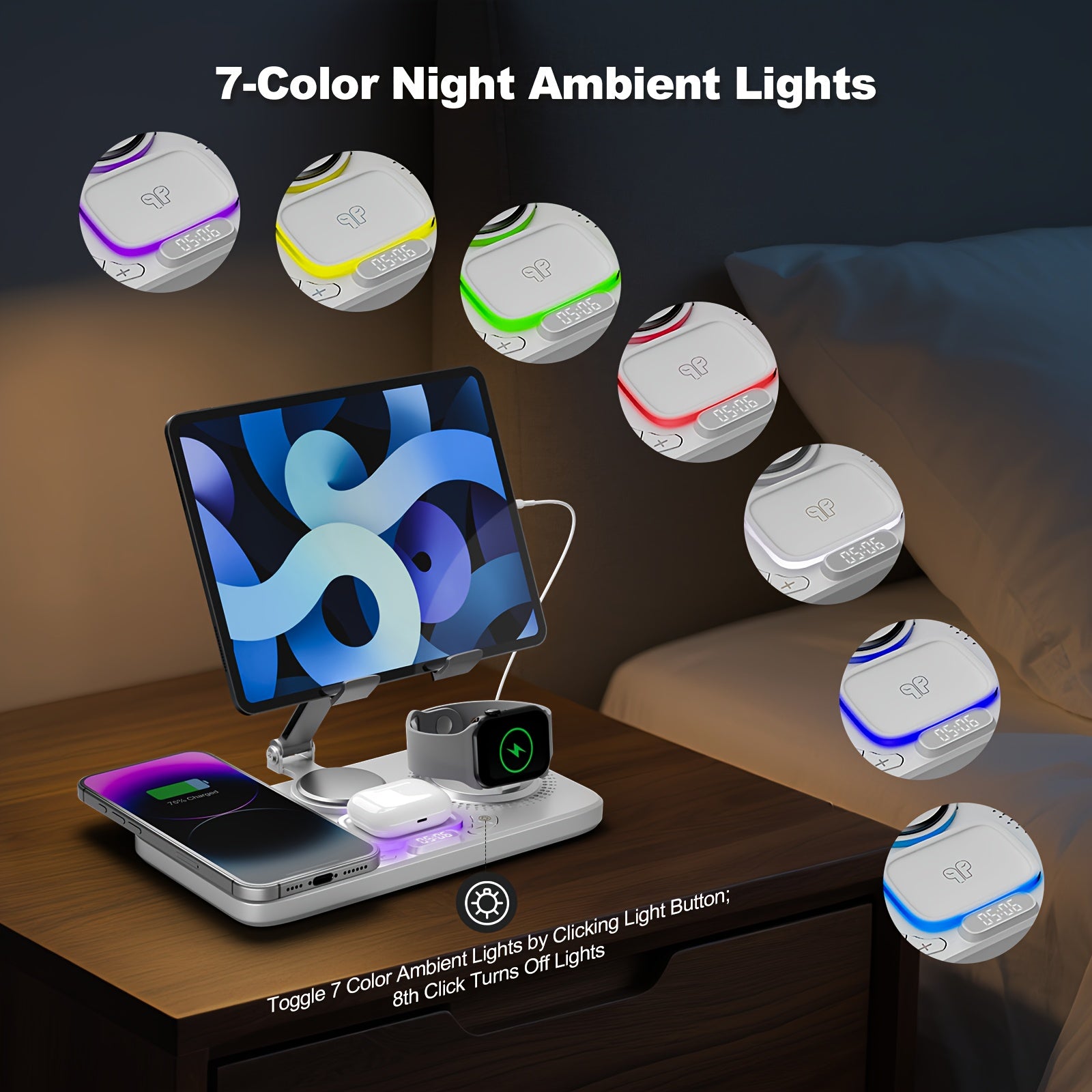 Wlpower 6-In-1 Wireless Charging Station for Multiple Devices with Clock Display And Atmosphere Light, 15W Max Fast Charging Dock with Tablet Stand, for Iphone 17/17 Air 16 15 14 13 12 Plus Pro Max, for Airpods And for Iwatch Series, Christmas Gifts