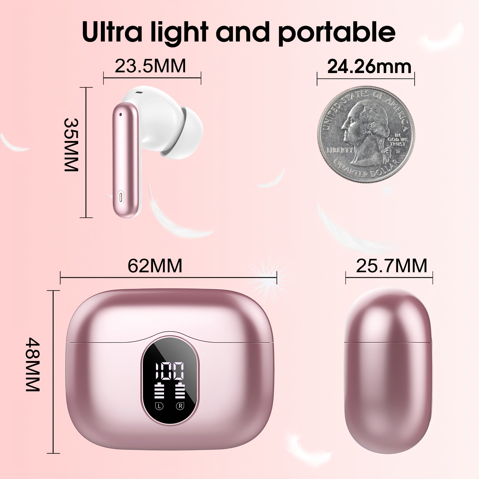 Wireless Earphones, Wireless 5.3 Earphones with Bass Stereo Sound, Earphones with Noise Cancelling Microphone And LED Display Screen, In Ear Earphones, 40 Hours Of Playback Time, Suitable for Laptops, Tablets, Mobile Phones, And Sports Exercise