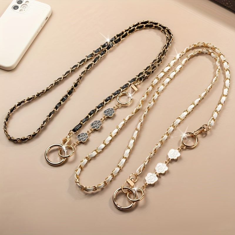 Long Crossbody Pearl Camellia Phone Strap with Metal Pearl Charm And Chain.