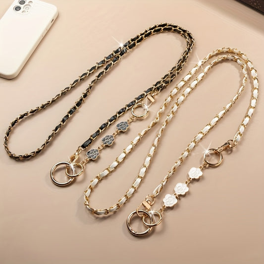 Long Crossbody Pearl Camellia Phone Strap with Metal Pearl Charm And Chain.