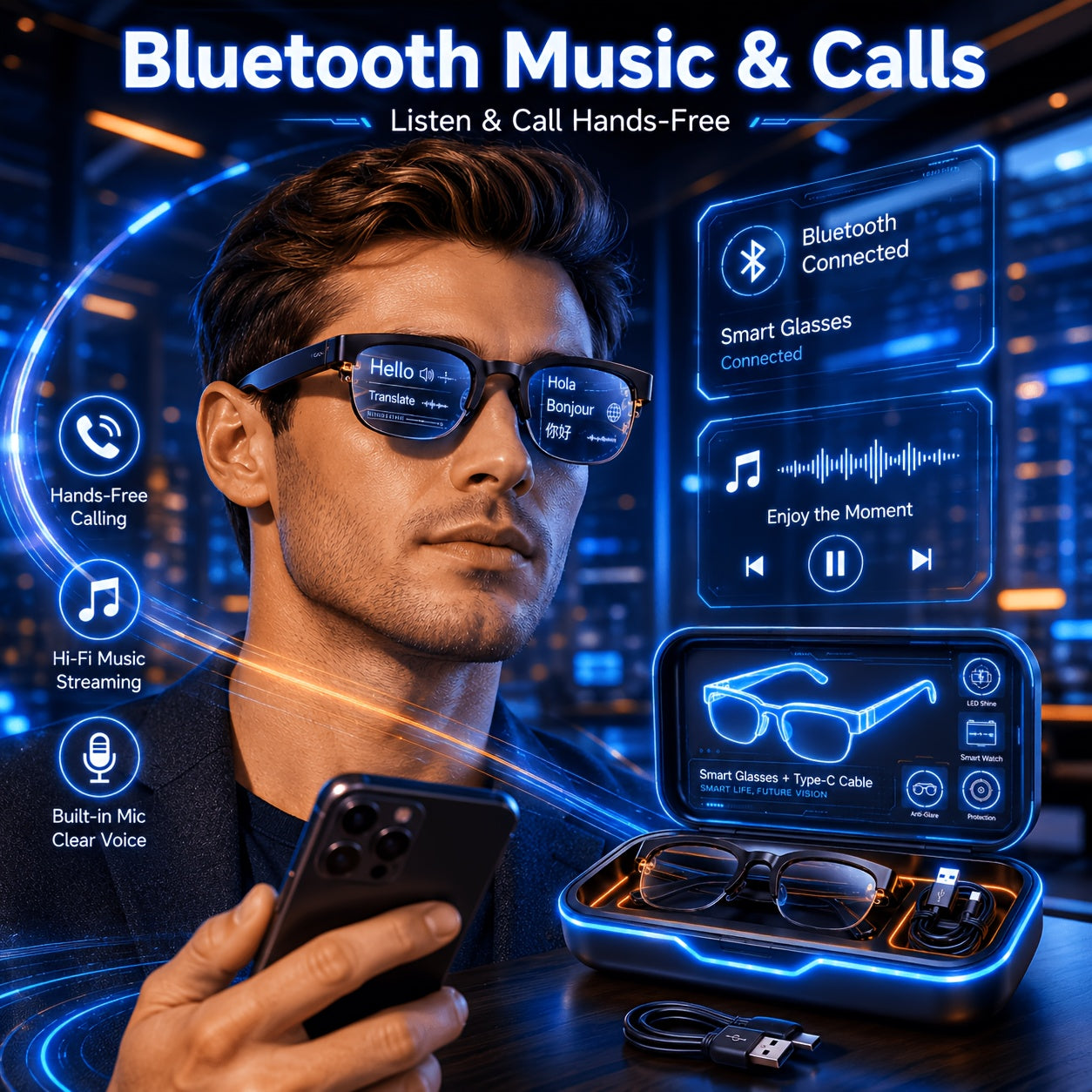 2026 Smart Audio Glasses Gift Set with Case, AI Translation Glasses, Bluetooth Glasses, Open Ear Audio Glasses with Built In Mic, Hands Free Calling Wireless Music Smart Fashion Glasses for Travel Driving Outdoor Business Tech Gift