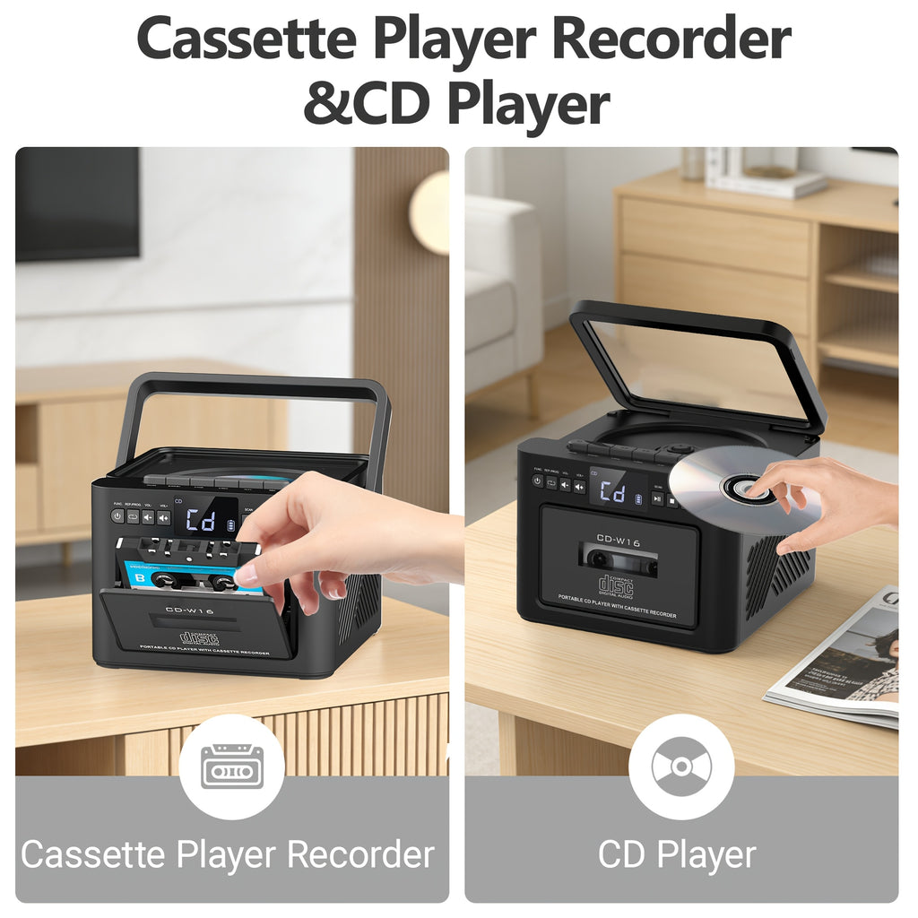 Hifi System Portable Boombox, CD Player Tape Cassette Speakers Radio MP3 Player, Stereo with 5000mAh Rechargeable Battery, USB AUX TF Card Playback, for A Gift