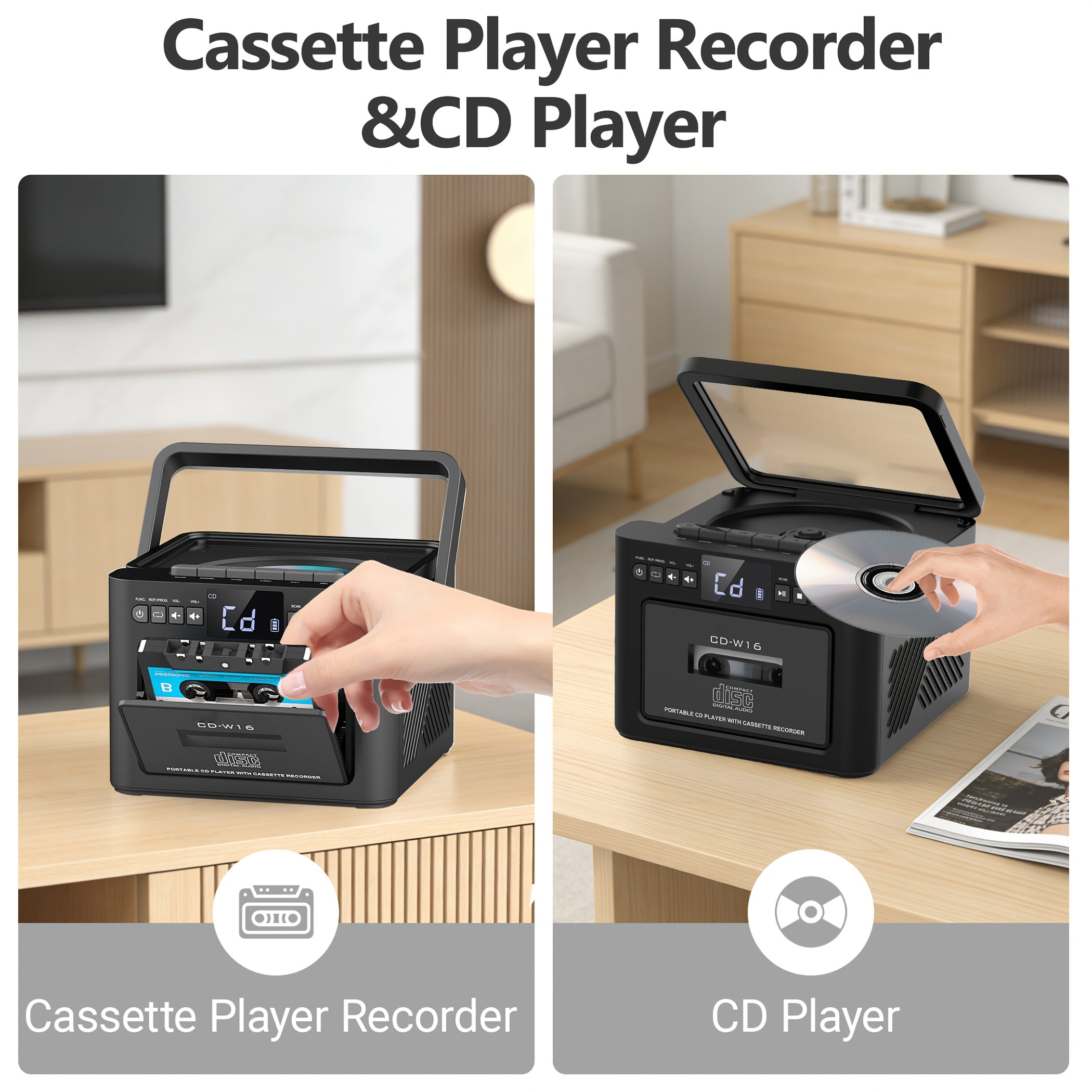 Hifi System Portable Boombox, CD Player Tape Cassette Speakers Radio MP3 Player, Stereo with 5000mAh Rechargeable Battery, USB AUX TF Card Playback, for A Gift
