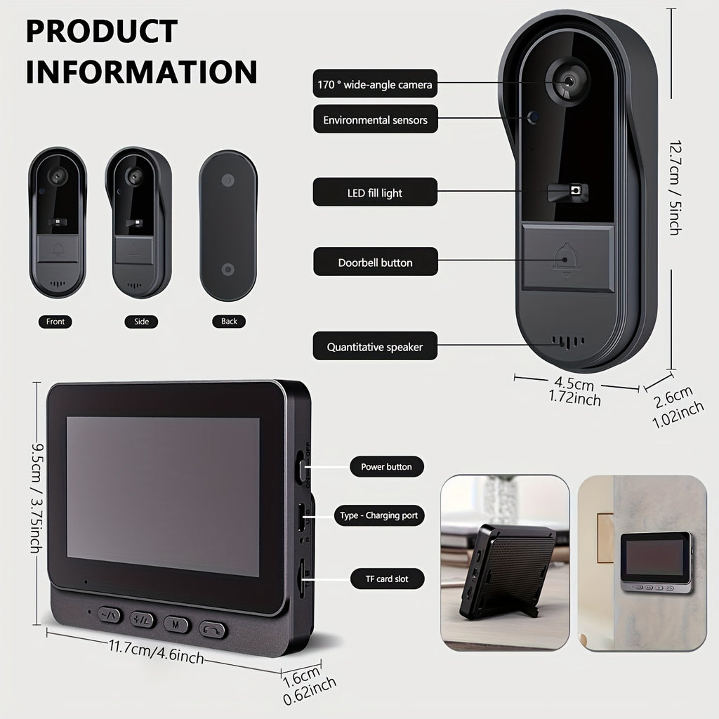 Smart Video Doorbell with Camera, Visual Doorbell Camera with 4.3-inch Display, Wide Angle, 2-Way Audio, Image & Video Recording, SD Card Local Storage, Night Vision, Battery/USB Dual Power, Rechargeable Lithium Battery, No Application, No Network
