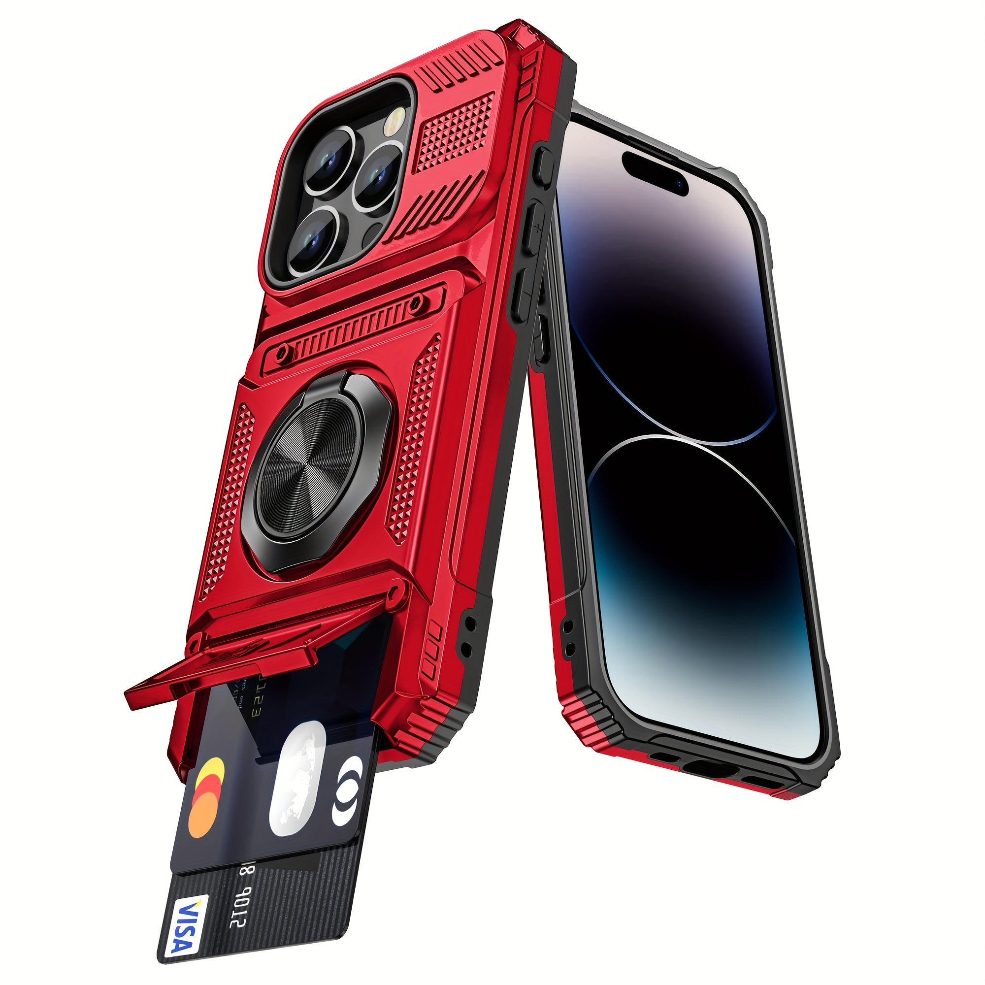 Phone Case: for iPhone 16 15 14 13 11 Pro Max 14 15 16Plus 7 8Plus Series Heavy Duty Shockproof 360° Rotating Metal Stand Mobile Phone Hard Shell with Dual Card Slot Design
