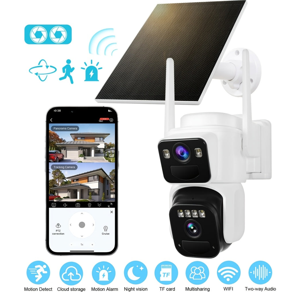 2 Lens Solar Wireless Outdoor Security Camera, WiFi Battery Powered Home Camera With Color Night Vision, PIR Sensor, Two-Way Audio, Waterproof, Spotlight Alarm, 256GB TF Card Support.solar Security Camera