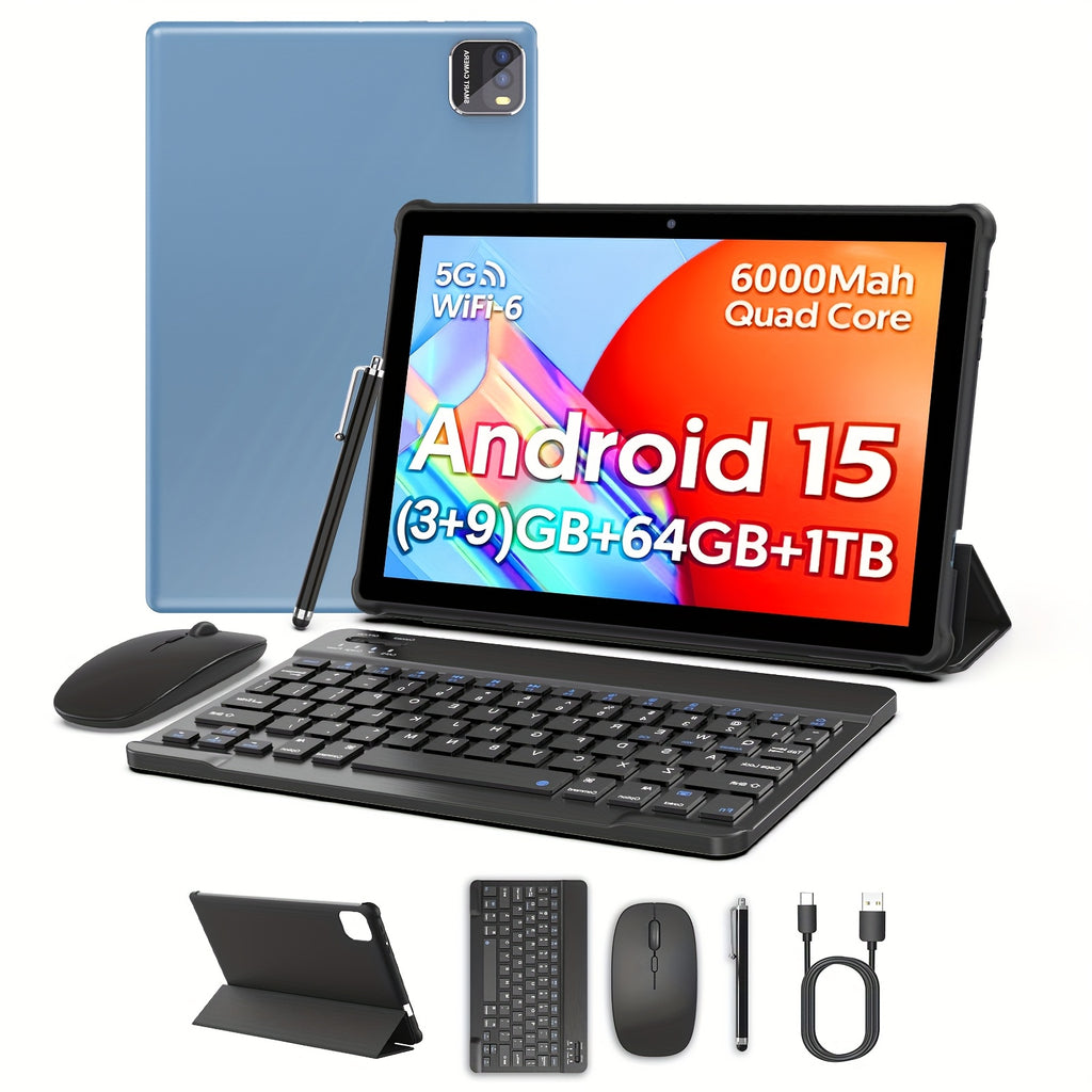 Android 15 Tablet with A Quad-core CPU And WiFi 6 Connectivity, Equipped with A 2+8MP Dual Camera And 12GB(3GB+9GB) RAM, 64GB ROM+1TB Expansion Support. Features A 10.1-inch Display, 6000mAh Battery, Optional Keyboard, Protective Case. Mouse, Stylus