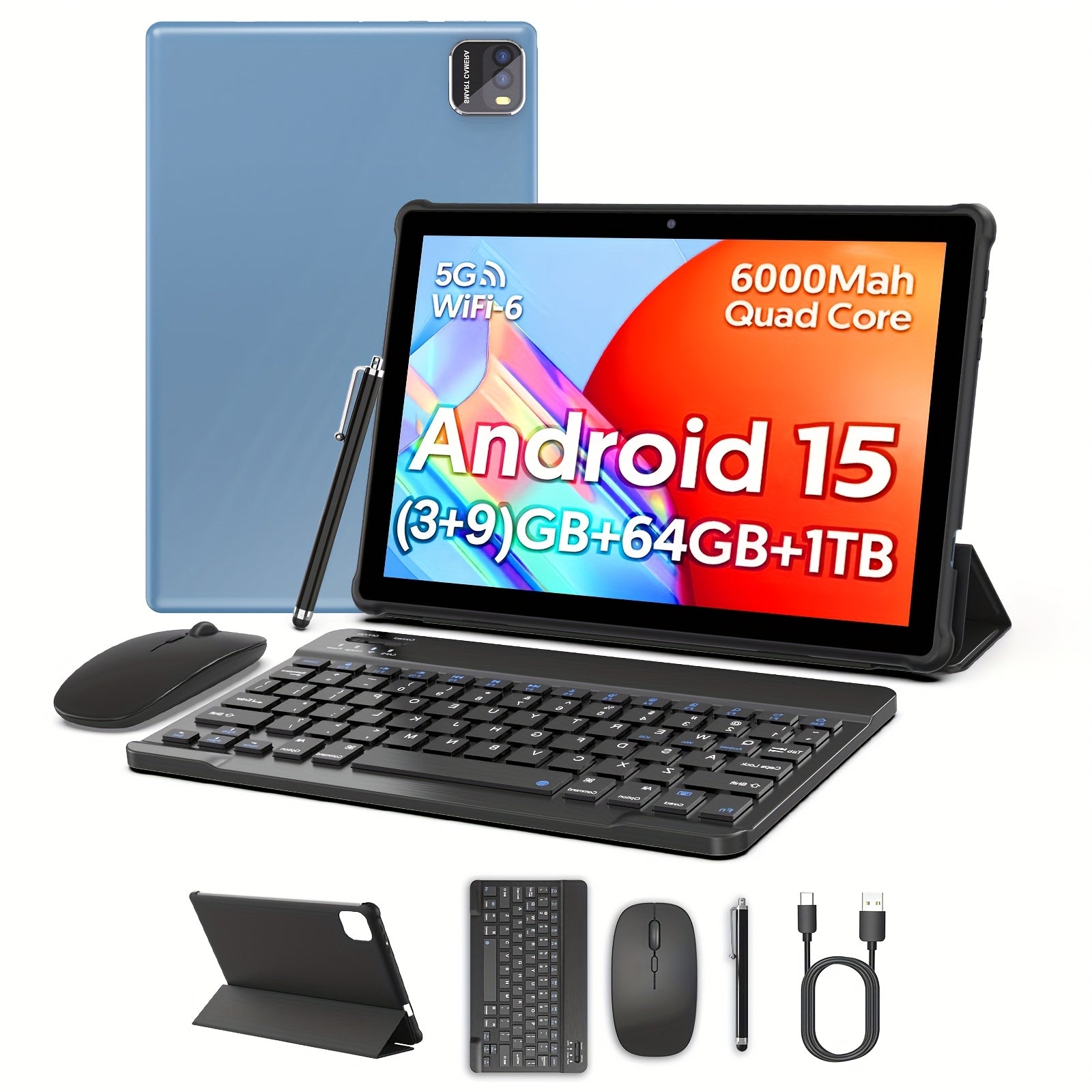 Android 15 Tablet with A Quad-core CPU And WiFi 6 Connectivity, Equipped with A 2+8MP Dual Camera And 12GB(3GB+9GB) RAM, 64GB ROM+1TB Expansion Support. Features A 10.1-inch Display, 6000mAh Battery, Optional Keyboard, Protective Case. Mouse, Stylus