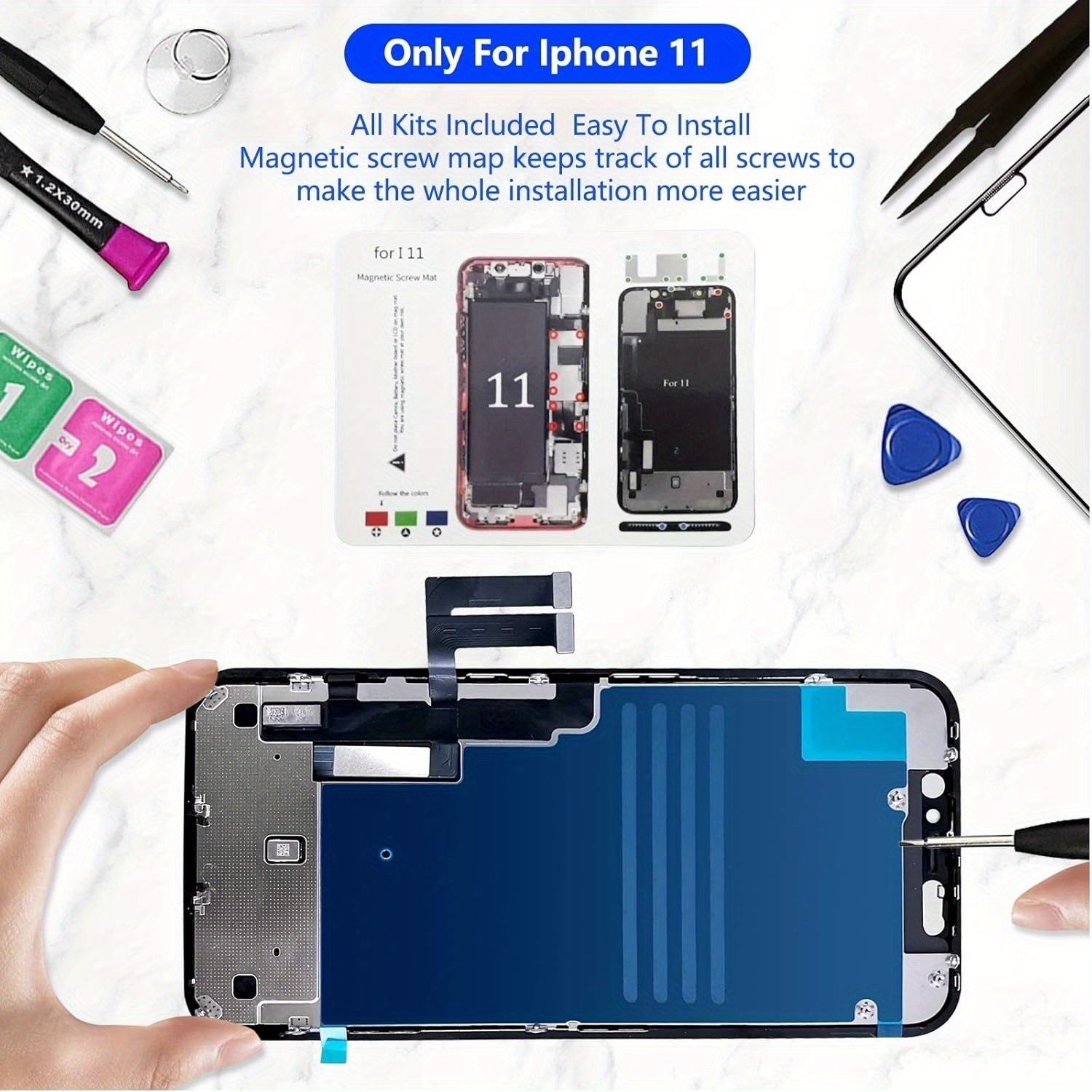 [IPhone 11 Screen Kit] For IPhone 11 Screen Replacement, Touch Digitizer Replacement With Repair Tool Kit + Magnetic Screw Pads + Screen Protector + Frame Adhesive (Black)
