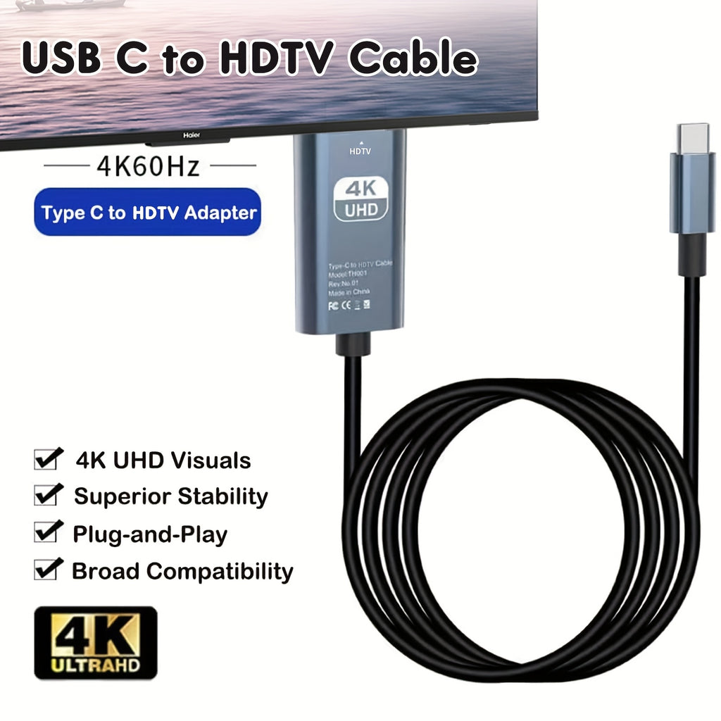 4K USB C to HDTV Adapter, Type-C to HDTV Adapter 4K@60Hz Compatible with Thunderbolt 3/4, Aluminum Portable USB C HDTV Capture Card Adapter, Compatible with iPhone 16, MacBook Pro, Air, iPad Pro, Pixelbook, XPS, Galaxy, and More