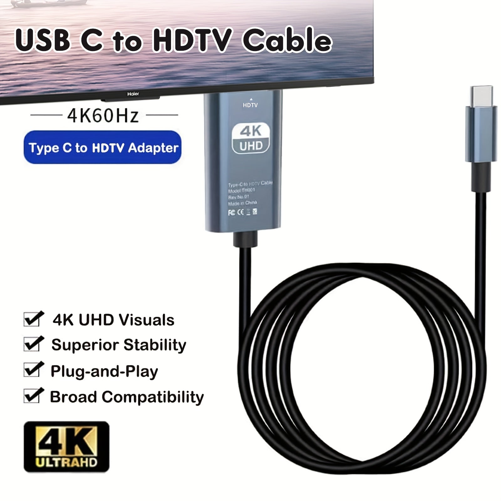 4K USB C to HDTV Adapter, Type-C to HDTV Adapter 4K@60Hz Compatible with Thunderbolt 3/4, Aluminum Portable USB C HDTV Capture Card Adapter, Compatible with iPhone 16, MacBook Pro, Air, iPad Pro, Pixelbook, XPS, Galaxy, and More