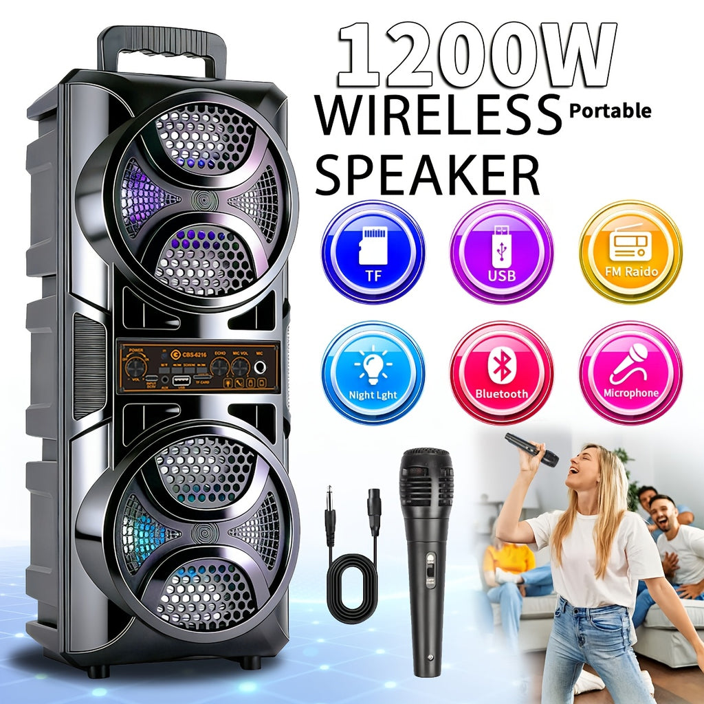 1200W Polk-Level Sound Portable PA Bluetooth Speaker with LED Lights, Wired Microphone Included, Rechargeable Wireless Speaker, Support AUX, USB, FM for Party, Outdoor & Holiday Gift
