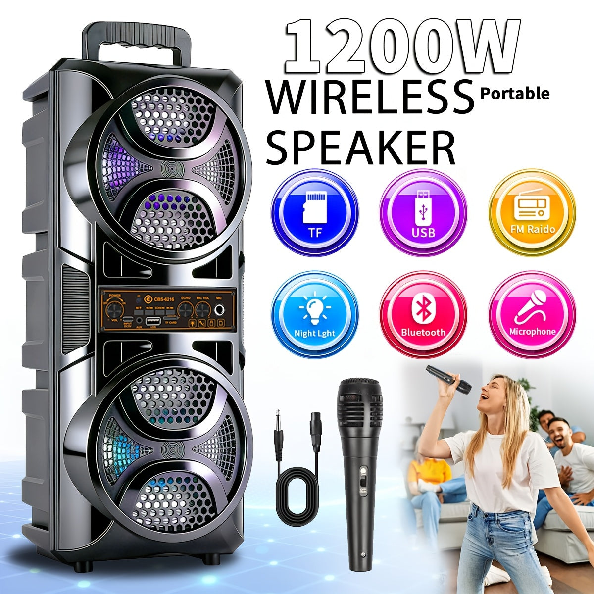 1200W Polk-Level Sound Portable PA Bluetooth Speaker with LED Lights, Wired Microphone Included, Rechargeable Wireless Speaker, Support AUX, USB, FM for Party, Outdoor & Holiday Gift