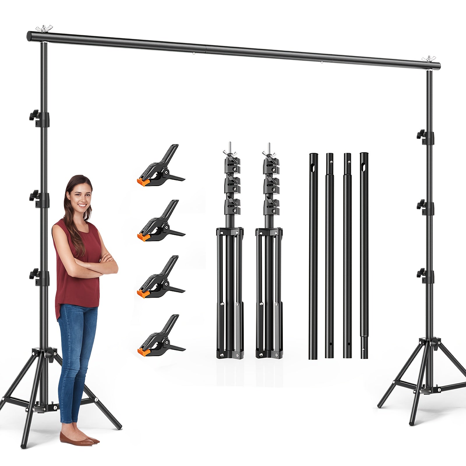 10x10ft/ 8.5x10ft Heavy Duty Backdrop Stand Kit: Complete with 2 Adjustable Support Stands, 4 Crossbars, 4 Clamps And A Carry Bag. Exceptional for Photography & Video Studios And Party Decor Needs