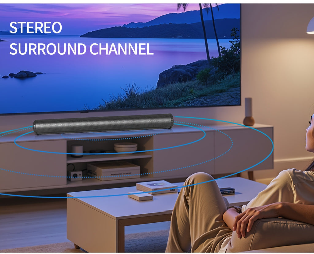 A 4D Echo Pearl Surround Sound Speaker System with Hi-Fi Subwoofer, Compatible with TVs and Computers. Features Infrared Remote Control with Both Wired and Wireless Functionality. A Portable Wireless Soundbar, Suitable for Laptops and Home Theater