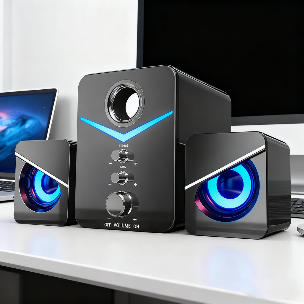 3-Piece Computer Speakers with Subwoofer – USB Desktop Speaker System with 3.5mm Audio Jack, Bass & Treble Control, Blue LED Light for PC/Laptop